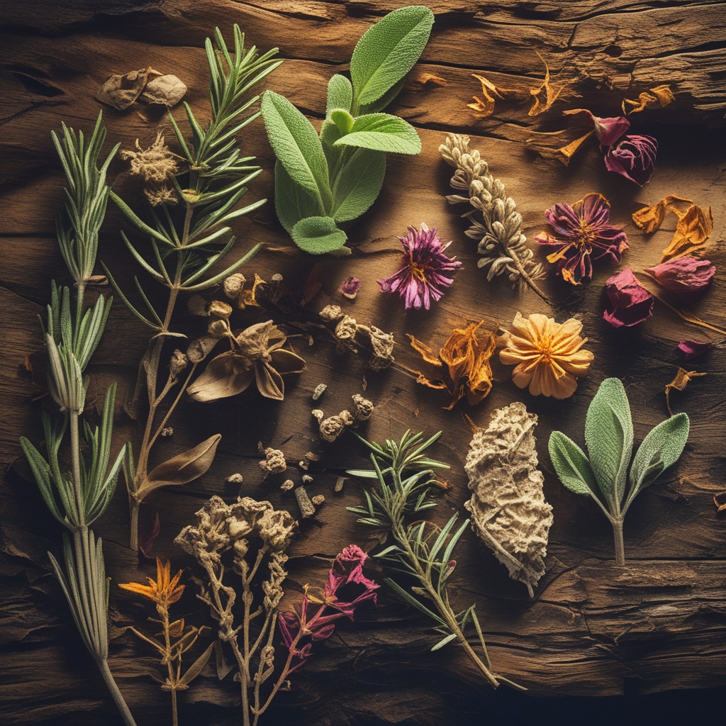Detailed close-up of assorted dried medicinal herbs and botanical plant material including rosemary, sage, and dried flower petals arranged on aged natural wood, dramatic side lighting accentuating fine textures