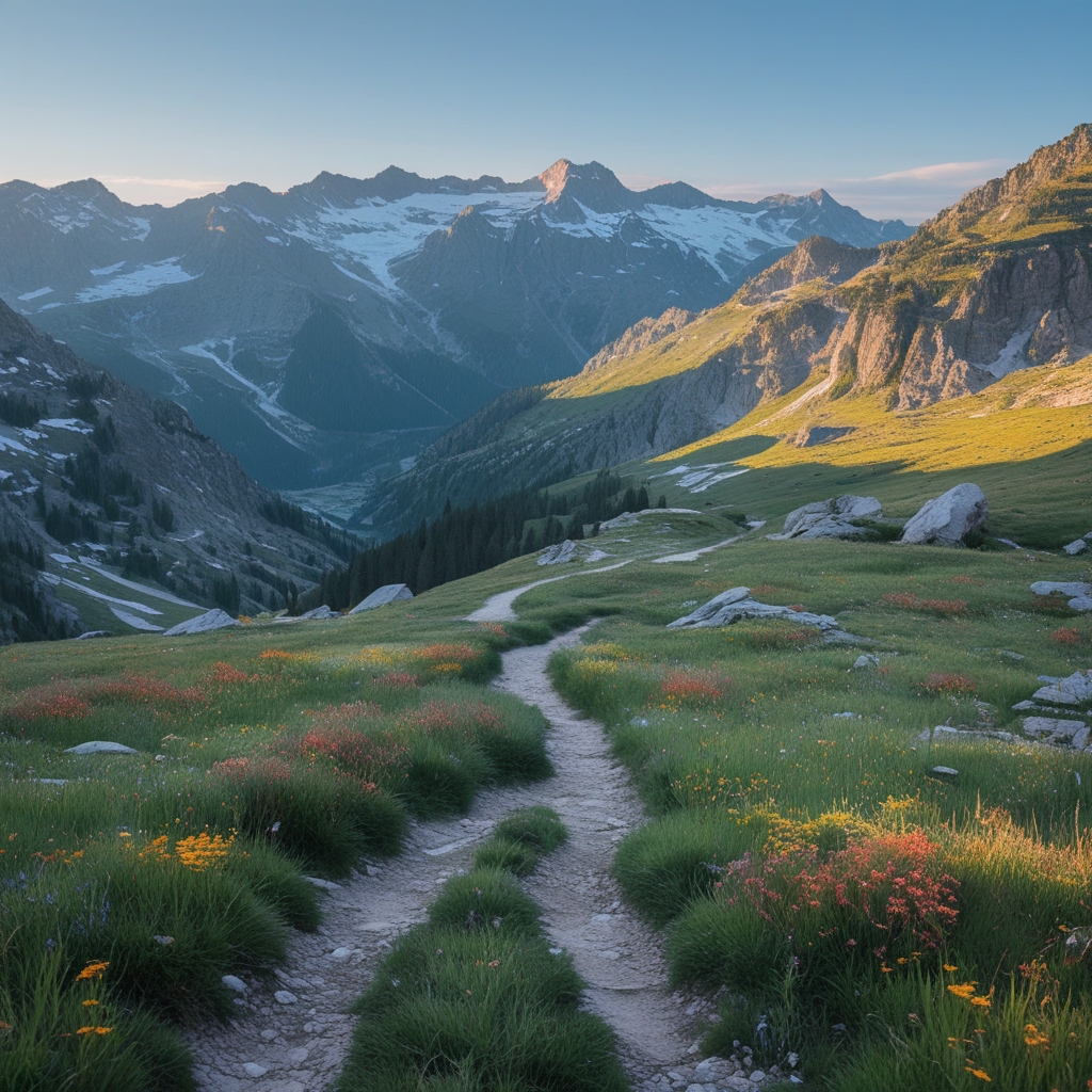 Scenic mountain trail winding through alpine meadows with wildflowers, distant snow-capped peaks visible under a clear blue sky, morning light illuminating the path from behind rocky outcrops