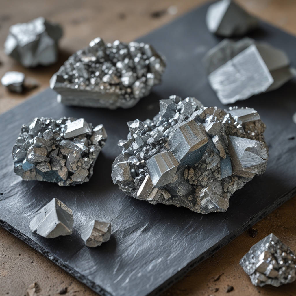 Natural zinc ore mineral specimens and raw crystalline rock formations arranged on a dark slate surface, macro photography revealing intricate metallic textures and grey-blue mineral deposits